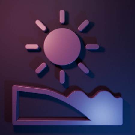 Purple Beach icon isolated on purple-blue background. Tropical beach landscape. Good sunny day. Minimalism concept. 3D render illustration.の写真素材