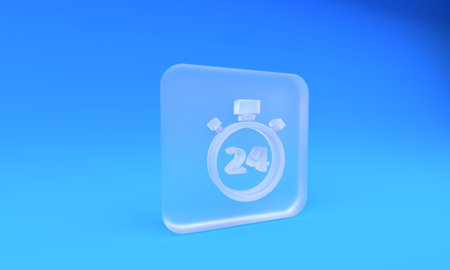 Frosted glass Stopwatch 24 hours icon isolated on blue background. All day cyclic icon. 24 hours service symbol. Square frosted glass button. 3D render illustration.の写真素材