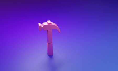 Pink Hammer icon isolated on purple-blue background. Tool for repair. Minimalism concept. 3D render illustration.の写真素材