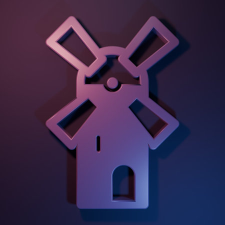 Purple Windmill icon isolated on purple-blue background. Minimalism concept. 3D render illustration.の写真素材