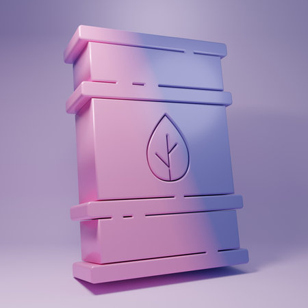 Purple Bio fuel barrel icon isolated on purple background. Eco bio and canister. Green environment and recycle. Minimalism concept. 3D render illustration.の写真素材