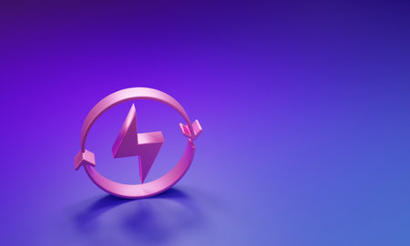 Pink Lightning bolt icon isolated on purple-blue background. Flash sign. Charge flash icon. Thunderbolt. Lighting strike. Minimalism concept. 3D render illustration.の写真素材