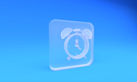 Frosted glass Alarm clock icon isolated on blue background. Wake up, get up concept. Time sign. Square frosted glass button. 3D render illustration.の写真素材