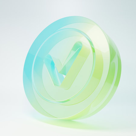 Frosted glass Check mark in round icon isolated on white background. Check list button sign. Minimalism concept. 3D render illustration.の写真素材