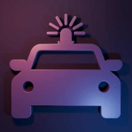 Purple Police car and police flasher icon isolated on purple-blue background. Emergency flashing siren. Minimalism concept. 3D render illustration.の写真素材