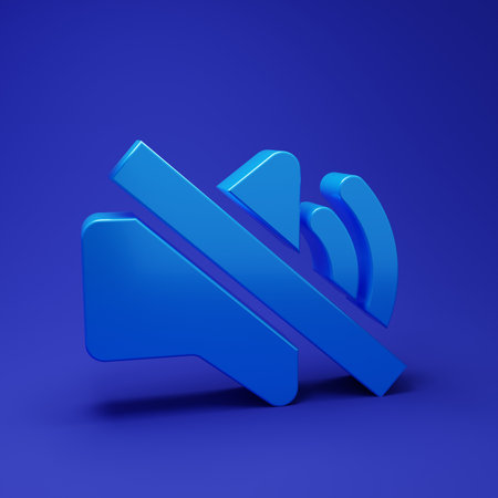 Blue Speaker mute icon isolated on blue background. No sound icon. Volume Off symbol. Minimalism concept. 3D render illustration.の写真素材