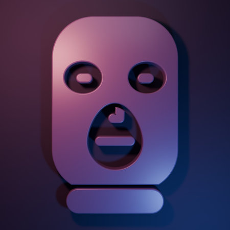 Purple Thief mask icon isolated on purple-blue background. Bandit mask, criminal man. Minimalism concept. 3D render illustration.の写真素材
