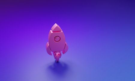 Pink Rocket ship with fire icon isolated on purple-blue background. Space travel. Minimalism concept. 3D render illustration.の写真素材