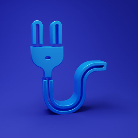 Blue Electric plug icon isolated on blue background. Concept of connection and disconnection of the electricity. Minimalism concept. 3D render illustration.の写真素材