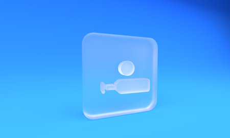 Frosted glass Wood cricket bat and ball icon isolated on blue background. Square frosted glass button. 3D render illustration.の写真素材