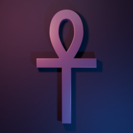 Purple Cross ankh icon isolated on purple-blue background. Minimalism concept. 3D render illustration.の写真素材