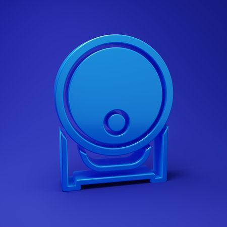Blue Wooden barrel on rack with stopcock icon isolated on blue background. Minimalism concept. 3D render illustration.の写真素材