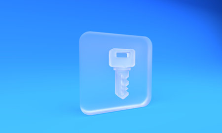 Frosted glass key icon isolated on blue background. Square frosted glass button. 3D render illustration.の写真素材