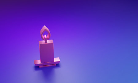 Pink Burning candle icon isolated on purple-blue background. Cylindrical candle stick with burning flame. Minimalism concept. 3D render illustration.の写真素材