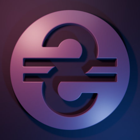 Purple Ukrainian hryvnia icon isolated on purple-blue background. Minimalism concept. 3D render illustration.の写真素材