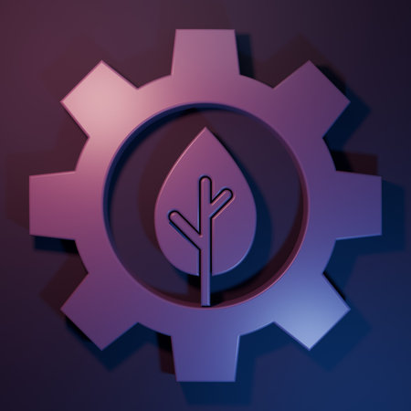 Purple Leaf plant ecology in gear machine icon isolated on purple-blue background. Eco friendly technology. World Environment day label. Minimalism concept. 3D render illustration.の写真素材