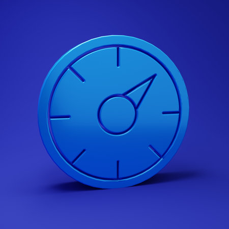 Blue Digital speed meter concept with 5G icon isolated on blue background. Global network high speed connection data rate technology. Minimalism concept. 3D render illustration.の写真素材