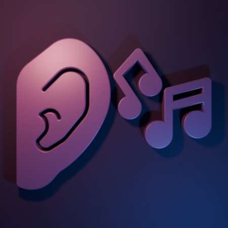 Purple Ear listen sound signal icon isolated on purple-blue background. Ear hearing. Minimalism...