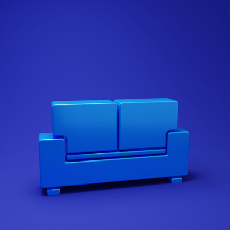 Blue Sofa icon isolated on blue background. Minimalism concept. 3D render illustration.の写真素材