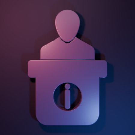 Purple Information desk icon isolated on purple-blue background. Man silhouette standing at information desk. Help person. Information counter. Minimalism concept. 3D render illustration.の写真素材