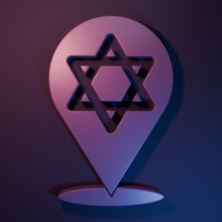 Purple Star of David icon isolated on purple-blue background. Jewish religion symbol. Symbol of Israel. Minimalism concept. 3D render illustration.の写真素材