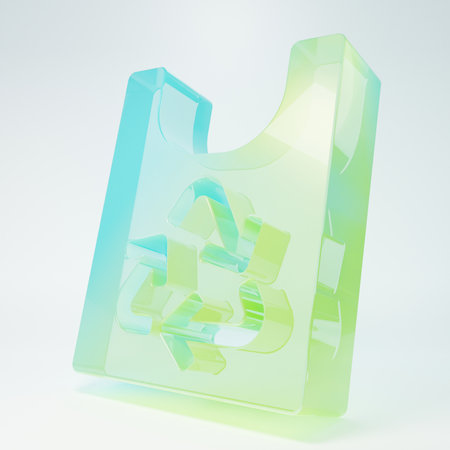 Frosted glass Plastic bag with recycle icon isolated on white background. Bag with recycling symbol. Minimalism concept. 3D render illustration.の写真素材