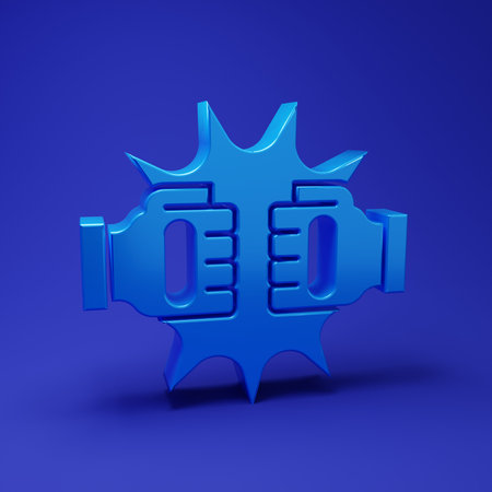 Blue Punch in boxing gloves icon isolated on blue background. Boxing gloves hitting together with explosive. Minimalism concept. 3D render illustration.の写真素材
