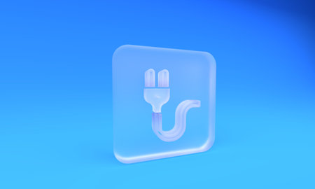 Frosted glass Electric plug icon isolated on blue background. Concept of connection and disconnection of the electricity. Square frosted glass button. 3D render illustration.の写真素材