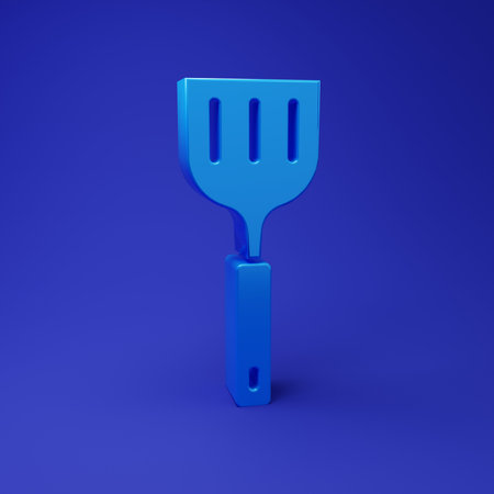 Blue Spatula icon isolated on blue background. Kitchen spatula icon. BBQ spatula sign. Barbecue and grill tool. Minimalism concept. 3D render illustration.の写真素材
