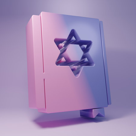 Purple Jewish torah book icon isolated on purple background. Pentateuch of Moses. On the cover of the Bible is the image of the Star of David. Minimalism concept. 3D render illustration.の写真素材