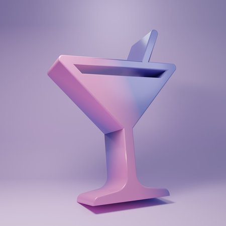 Purple Martini glass icon isolated on purple background. Cocktail icon. Wine glass icon. Minimalism concept. 3D render illustration.の写真素材