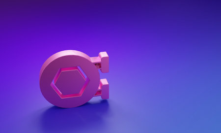 Pink Hanging sign with honeycomb isolated on purple-blue background. Signboard icon. Honey cells symbol. Sweet natural food. Minimalism concept. 3D render illustration.の写真素材