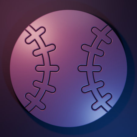 Purple Baseball ball icon isolated on purple-blue background. Minimalism concept. 3D render illustration.の写真素材
