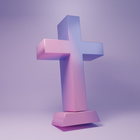 Purple Christian cross icon isolated on purple background. Church cross. Minimalism concept. 3D render illustration.の写真素材