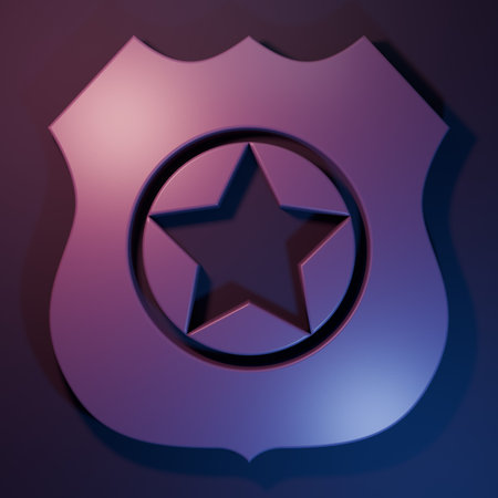 Purple Police badge icon isolated on purple-blue background. Sheriff badge sign. Minimalism concept. 3D render illustration.の写真素材