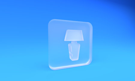Frosted glass Table lamp icon isolated on blue background. Desk lamp. Square frosted glass button. 3D render illustration.の写真素材