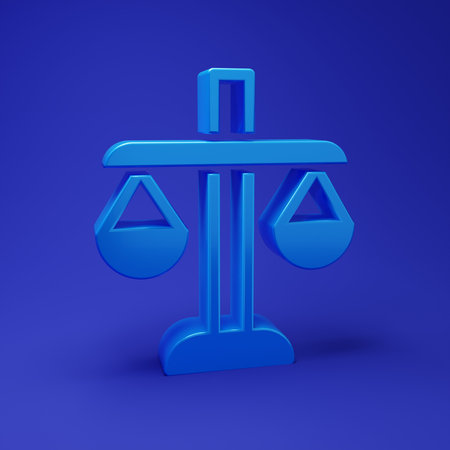 Blue Scales of justice icon isolated on blue background. Court of law symbol. Balance scale sign. Minimalism concept. 3D render illustration.の写真素材