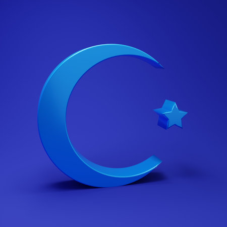 Blue Star and crescent - symbol of Islam icon isolated on blue background. Religion symbol. Minimalism concept. 3D render illustration.の写真素材