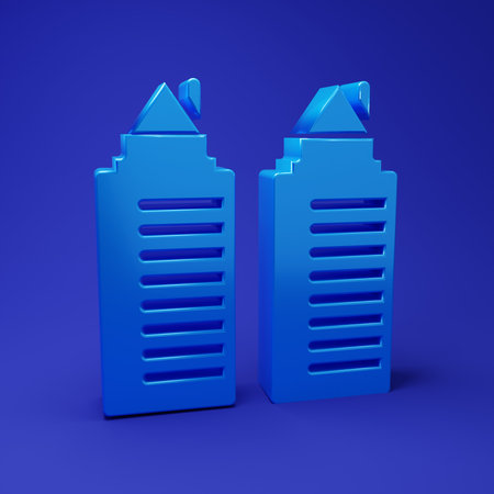 Blue Two tall residential towers in the Dnipro city icon isolated on blue background. Minimalism concept. 3D render illustration.の写真素材