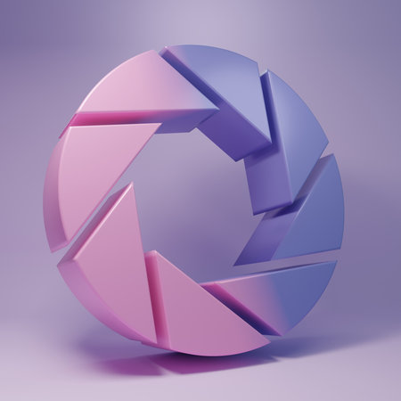 Purple Camera shutter icon isolated on purple background. Minimalism concept. 3D render illustration.の写真素材