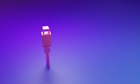 Pink USB cable cord icon isolated on purple-blue background. Connectors and sockets for PC and mobile devices. Minimalism concept. 3D render illustration.の写真素材