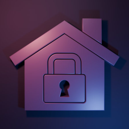 Purple House under protection icon isolated on purple-blue background. Home and lock. Protection, safety, security, protect, defense concept. Minimalism concept. 3D render illustration.の写真素材