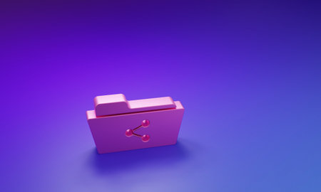 Pink Share folder icon isolated on purple-blue background. Folder sharing. Folder transfer sign. Minimalism concept. 3D render illustration.の写真素材