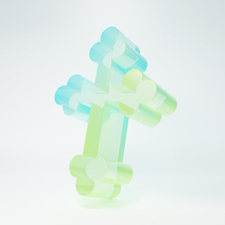 Frosted glass Christian cross icon isolated on white background. Church cross. Minimalism concept. 3D render illustration.の写真素材