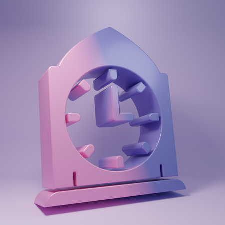 Purple Clock icon isolated on purple background. Time symbol. Minimalism concept. 3D render illustration.の写真素材