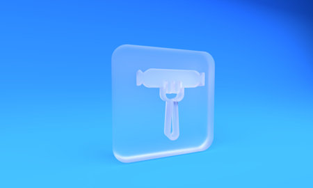 Frosted glass Sausage on the fork icon isolated on blue background. Grilled sausage and aroma sign. Square frosted glass button. 3D render illustration.の写真素材