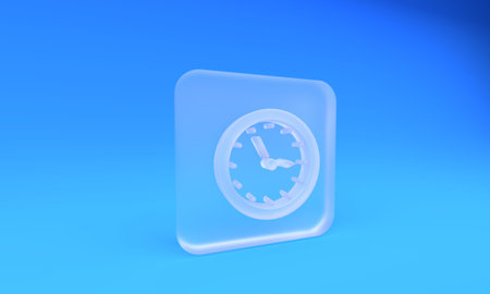 Frosted glass clock icon isolated on blue background. Timer. Square frosted glass button. 3D render...