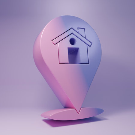 Purple Map pointer with house icon isolated on purple background. Home location marker symbol. Minimalism concept. 3D render illustration.の写真素材