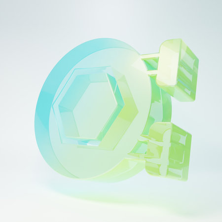 Frosted glass Hanging sign with honeycomb isolated on white background. Signboard icon. Honey cells symbol. Sweet natural food. Minimalism concept. 3D render illustration.の写真素材