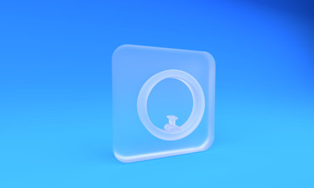 Frosted glass Bicycle wheel icon isolated on blue background. Bike race. Wheel tire air. Sport equipment. Square frosted glass button. 3D render illustration.の写真素材